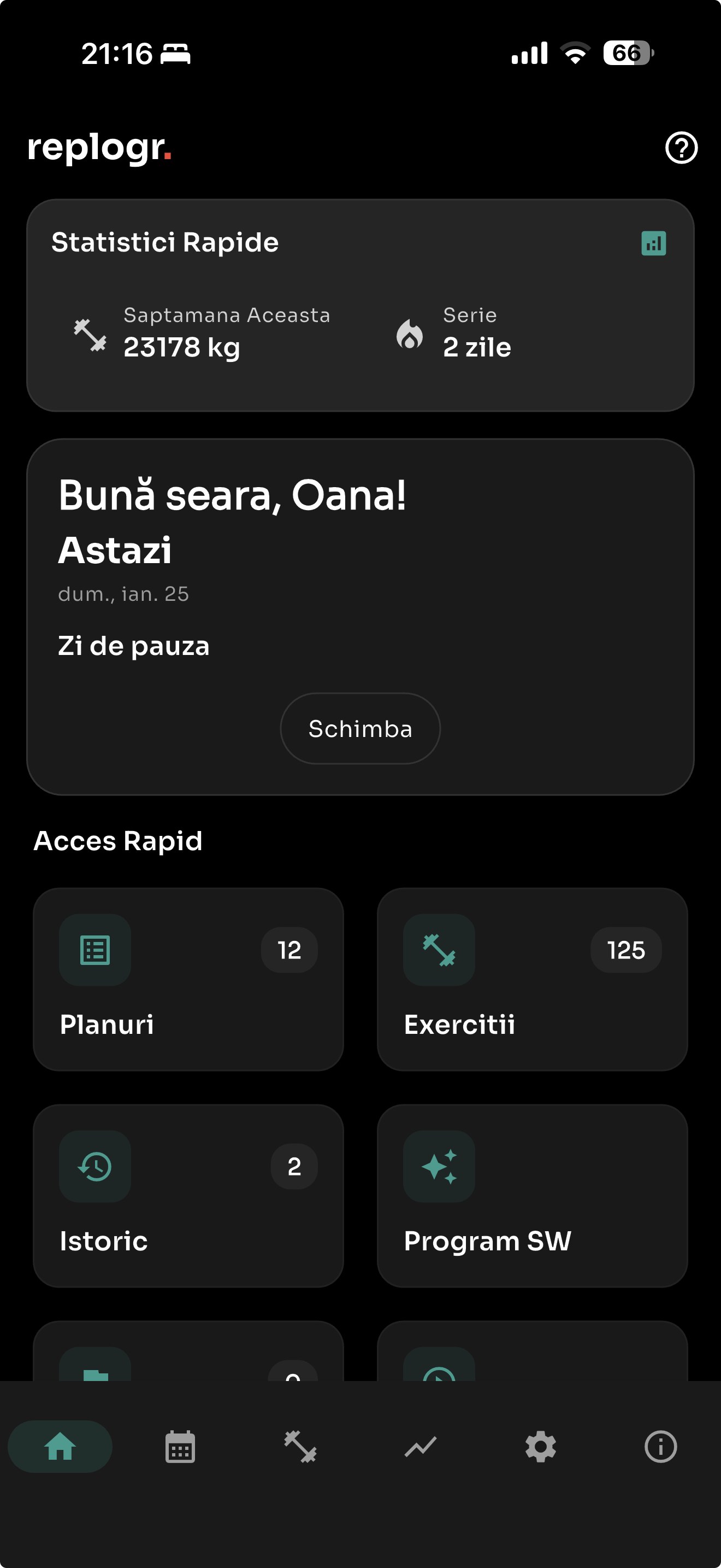replogr. offline workout tracker app interface showing exercise list and set tracking on mobile phone