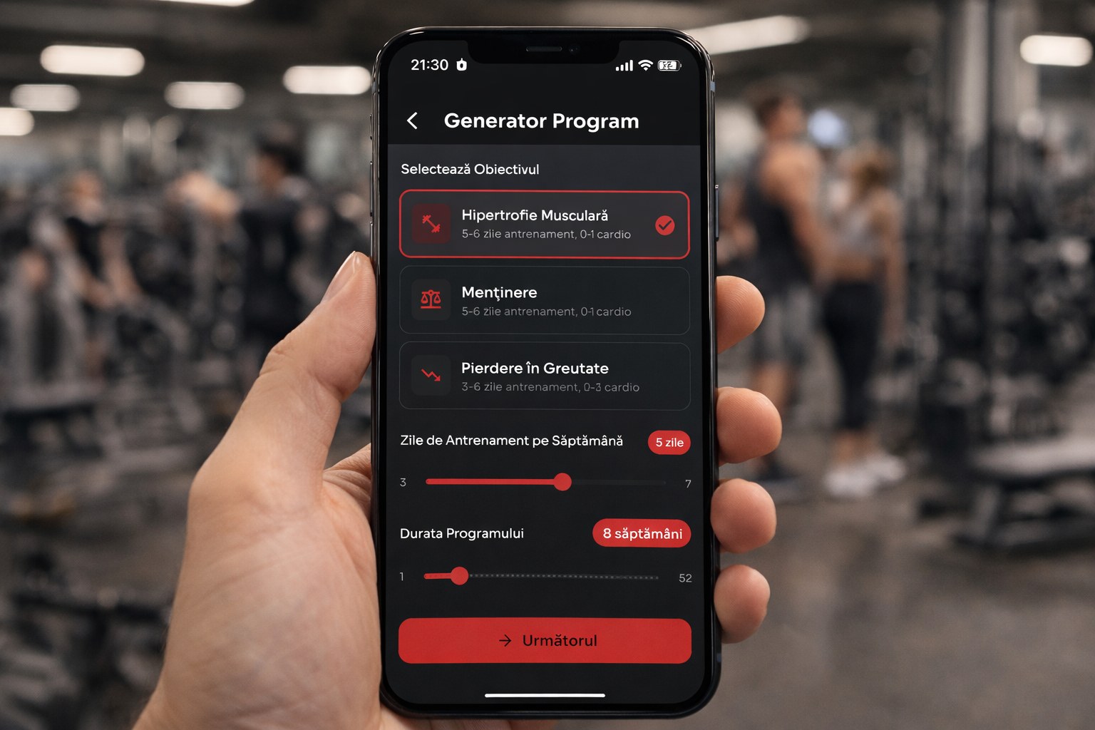 Smart workout schedule generator interface showing muscle hypertrophy, maintenance and weight loss training programs with customizable days and duration