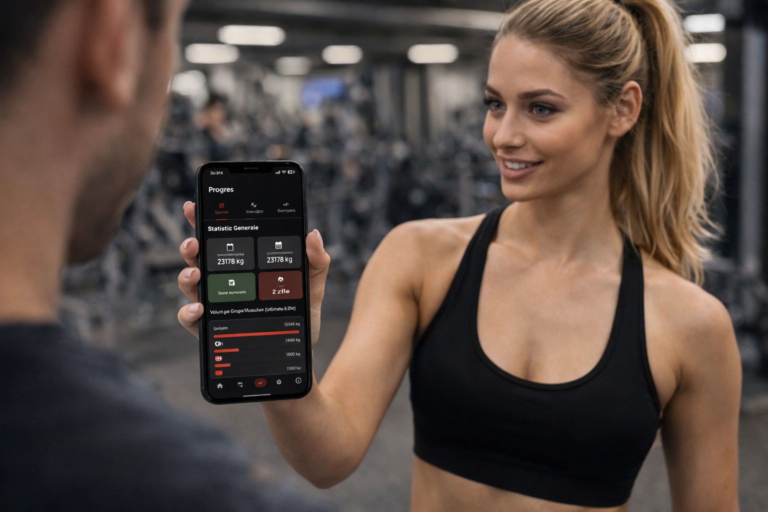 Workout progress statistics showing volume tracking, workout count, streak counter and muscle group breakdown